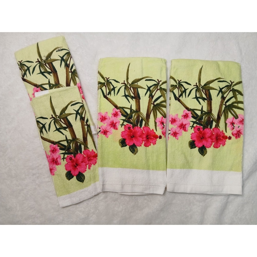 Retro Style 4-Piece Kitchen Cotton Set Pink Hibiscus Floral & Bamboo Print Rare